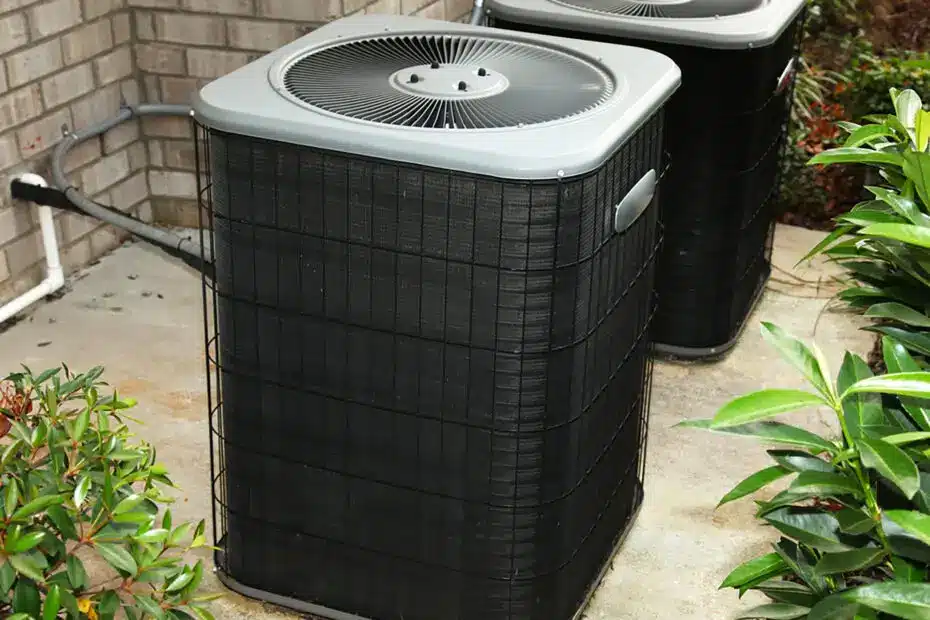 Two outside air conditioners on a cement slab