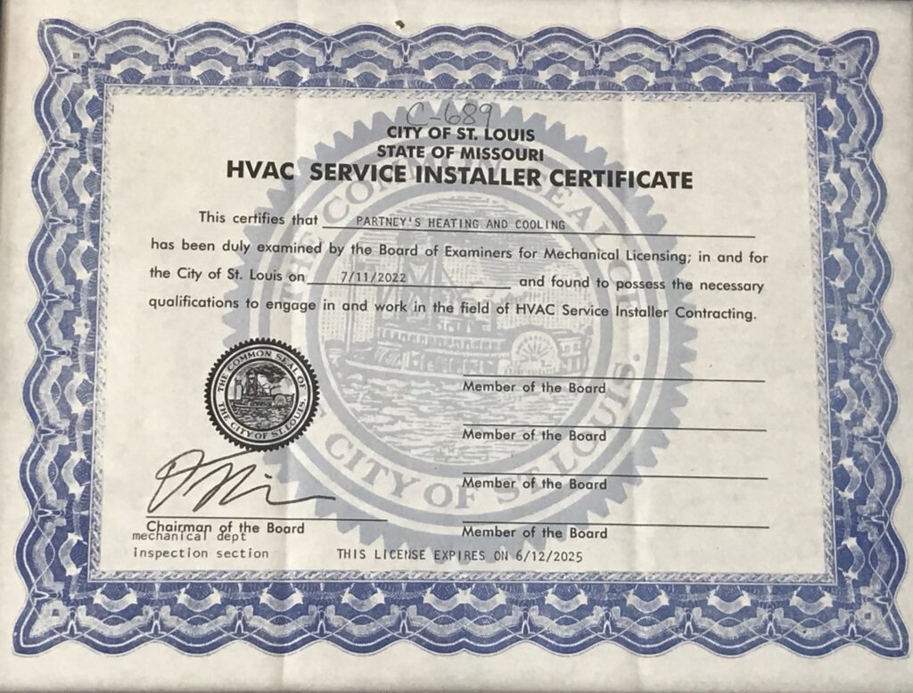 City of St. Louis State of Missouri HVAC Service Installer Certificate 
